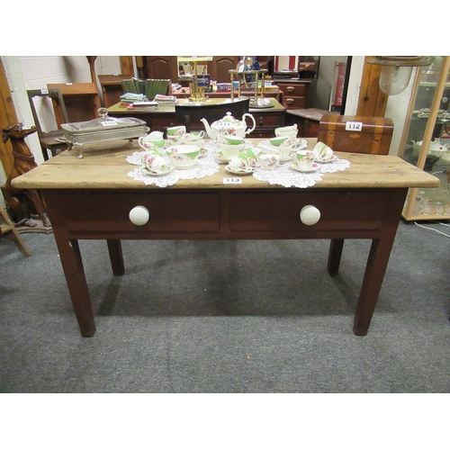 113 - Superb Antique plank top pine side table with 3 deep drawers and porcelain handles. L:150cm x 70cm.