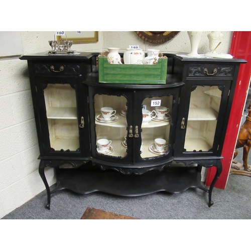 152 - Victorian ebonised bow fronted display case with bottom shelf.  H:115cm, W:136cm, D:50cm.