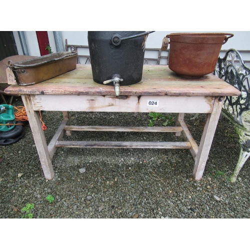 24 - Antique pine stretcher base table.  Top:128cm x 70cm.