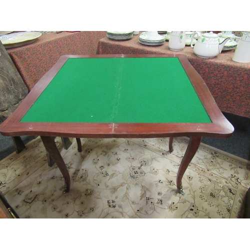 557 - French mahogany brass mounted fold over card table.  Top: 85cm x 45cm. When opened: 87cm x 85cm.