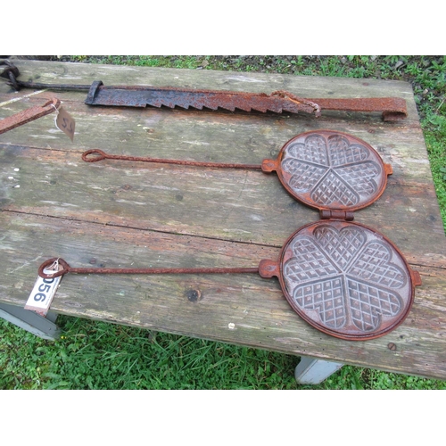 56 - Antique cast iron heart shape waffle maker.