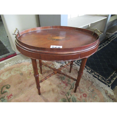 568 - Sheridan inlaid oval tray on stand.  Top:55cm x 35cm.