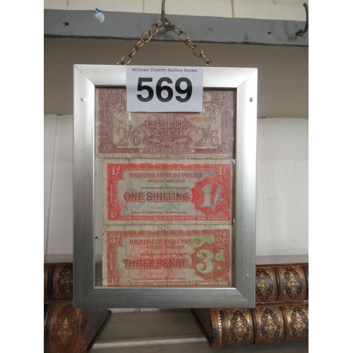 569 - 5 framed British Armed Forces notes plus Turkish note.