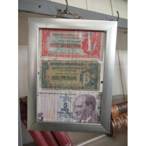 569 - 5 framed British Armed Forces notes plus Turkish note.