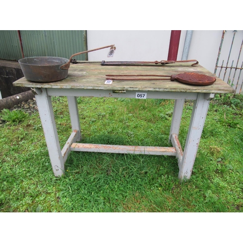 57 - Antique stretcher base Farm house kitchen table. Top:122cm x 70cm.