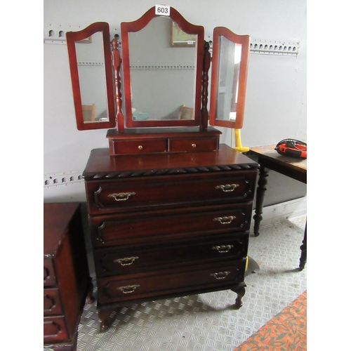 603 - Mahogany triple mirror dressing table with 6 drawers - Matching previous lot.  H:150cm, W:77cm, D:40... 