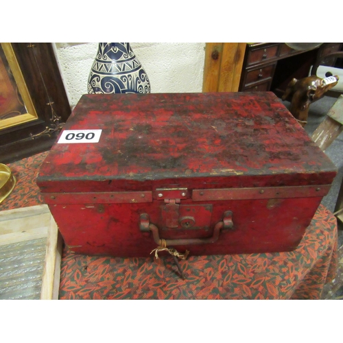 90 - Antique painted pine Deed box.  H:20cm, W:42cm, D:28cm.