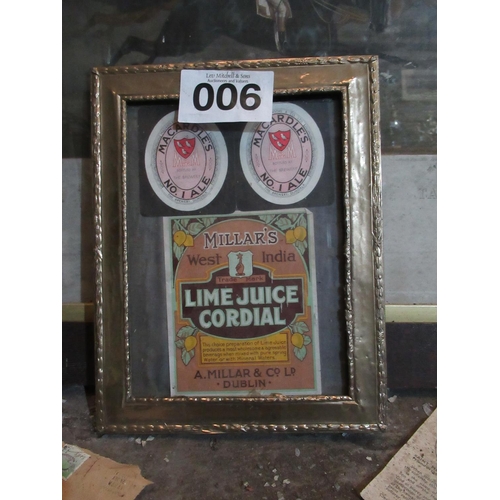 6 - 3 Framed Vintage Pub Labels. 2 McArdle’s Ale & 1 Millars Lime Juice