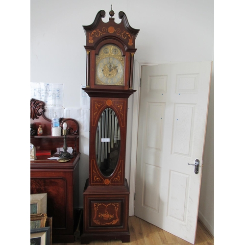 800 - Inlaid mahog\ny Chippendale style brass dial Grandfather clock with bells and songs. Working Order i... 