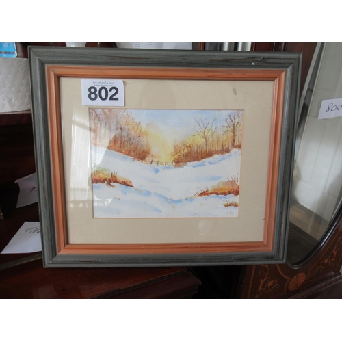 802 - Signed Watercolour - Snow Scene.  9.5'' x 7''