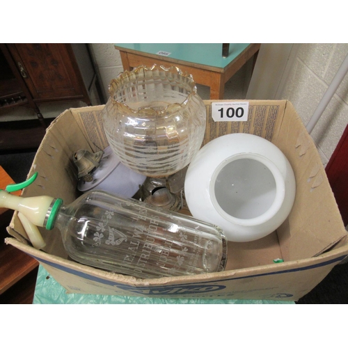 100 - Box of oil lamps, shades, plus soda syphon.