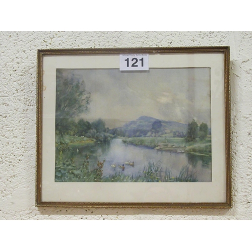 121 - Watercolour  - River and mountain scene by Mildred A Butler.   Including frame 43cm x 35cm.