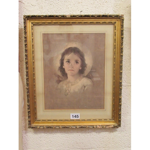 145 - Victorian print of a Young girl in gilt frame signed Florence Kroger. 74cm x 62cm .