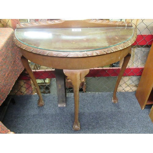 190 - Half moon glass top hall table.  H:82cm, W:90cm, D:40cm.