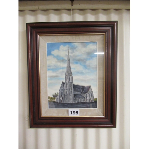 196 - Oil on Board - St Josephs Church Carrickmacross, signed P J Mc Cabe 2000.  62cm x 52cm.