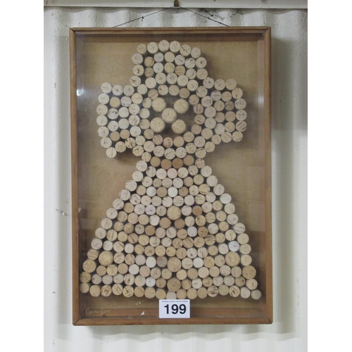 199 - Framed Celtic Cross made from bottle corks. Signed Til 2000.  42cm x 62cm.