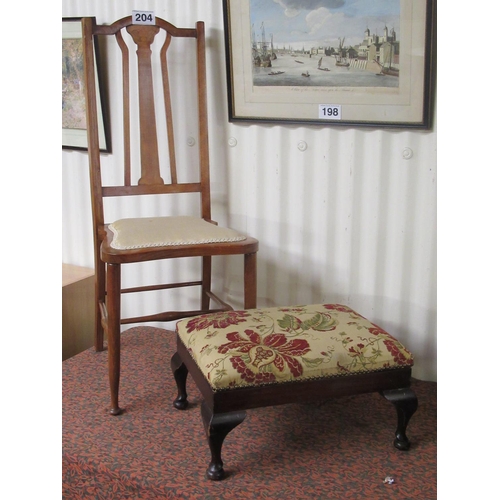 204 - Mahogany inlaid bedroom chair plus tapestry covered stool.