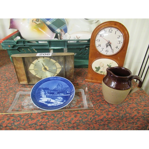 206 - 2 clocks, pottery jug, blue plate plus glass serving dish.