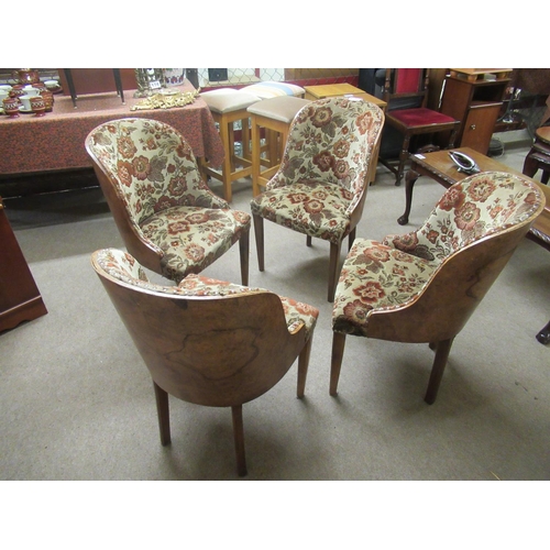 231 - 4 Walnut framed tapestry covered tub chairs. 2 legs repaired.