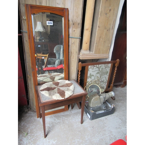 26 - Fire screen, stool , bevelled wall mirror etc.