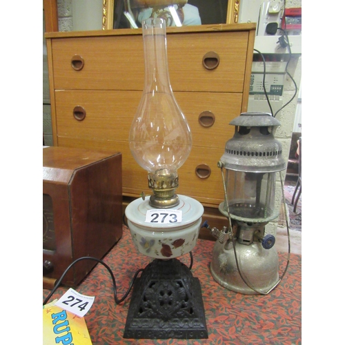 273 - Coloured glass bowl oil lamp.  H:55cm.