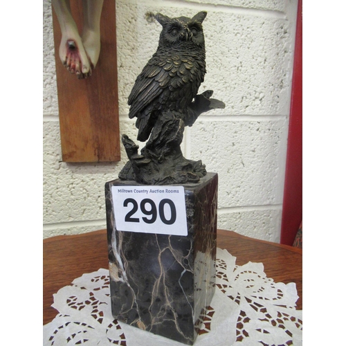 290 - French bronze owl on marble base- signed.  H:30cm.