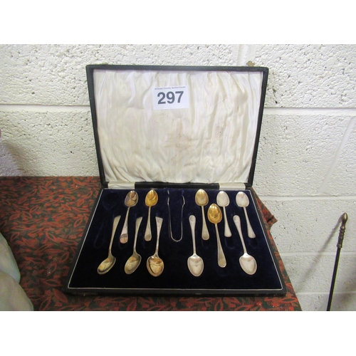 297 - Cased set of silver spoons and sugar tongs.