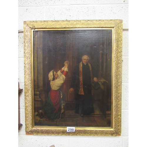 298 - Oil on Canvas Religious picture - The Confession by Joseph Malachy Kavanagh.  95cm x 82cm.