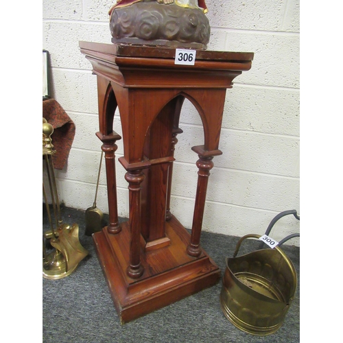 306 - Superb Victorian pine Gothic pedestal on pillar supports.  H:104cm, Top: 46cm x 46cm.