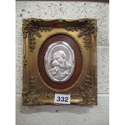 332 - Silver Russian Icon in oval gilt frame.    35cm x 30cm.