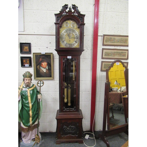 339 - Superb Georgian mahogany carved long case clock with brass and enamel dial.  H:230cm.