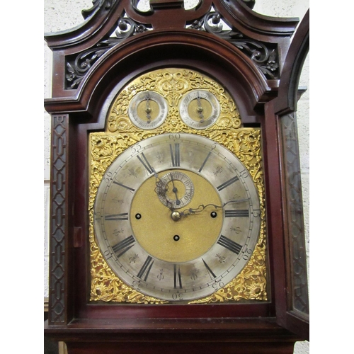 339 - Superb Georgian mahogany carved long case clock with brass and enamel dial.  H:230cm.