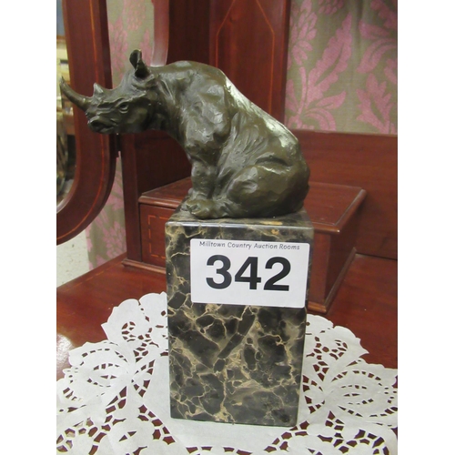 342 - French Bronze Rhino on marble base.  H:24cm.