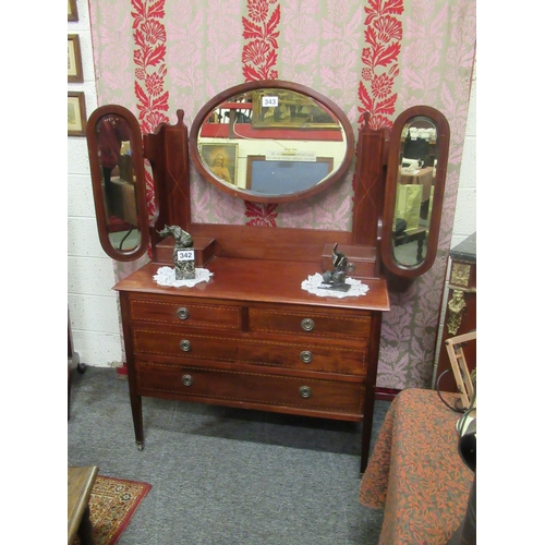 343 - Good edwardian mahogany inlaid triple mirror Ladies dressing table.  H: 160cm, W:105cm, W:50cm.