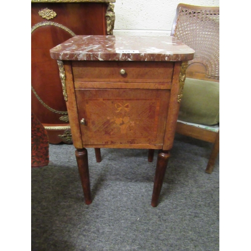 351 - French inlaid marble top bedside cabinet with cupboard door and drawer.  H:74cm, Top:42cm x 38cm.