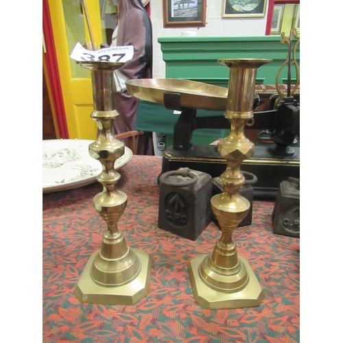 387 - Pair victorian brass candle sticks.  H:28cm.