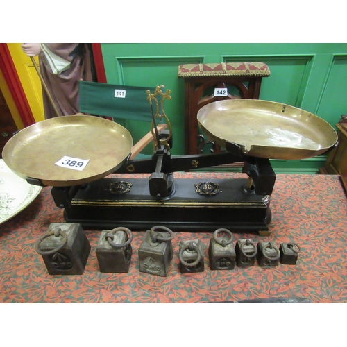 389 - Very fine victorian scales with set of 8 graduated weights.