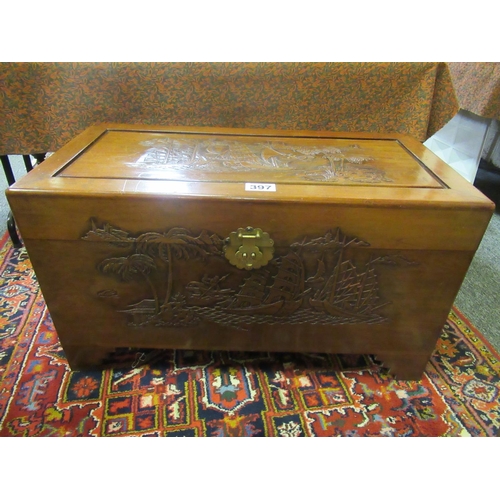 397 - Superb Chinese Camphor wood chest.  H:60cm, W:100cm, D:50cm.