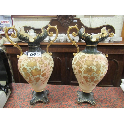 65 - Pair of Floral design 2 handle vases - 1 handle missing.  H:46cm x 27cm.