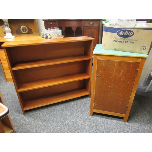 99 - Bedside locker plus floor bookcase. Locker: H:76cm x 44cm x36cm, Shelves: H:82cm x 91cm x 21cm.