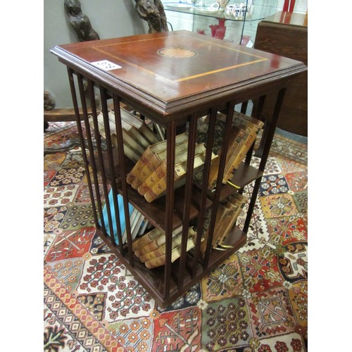 378 - Edwardian mahogany inlaid revolving bookcase.  H: 80cm. Top;45cm x 45cm.