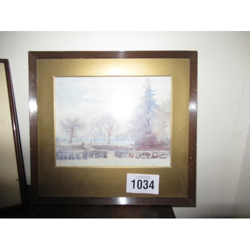 1034 - Signed Watercolor - Country House landscape