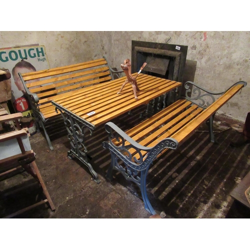 1254 - 2 Cast Iron and Timber Garden Benches & Table