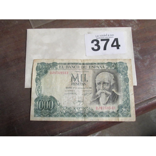 374 - 1000 Pesetas Note - Spanish 1971