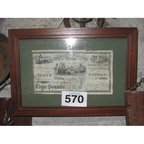 570 - Gibbons and Williams - Irish Three Pound Note - Framed - 1833