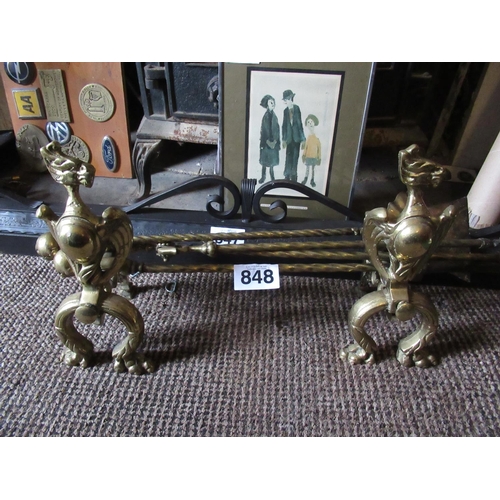 848 - Antique Brass Fire Irons and Andirons