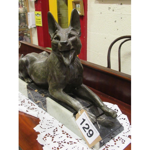 129 - Mounted Bronze German Sheppard on marble base. H:29cm x 50cm.