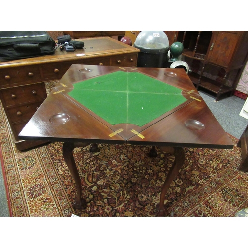 243 - Edwardian mahogany envelope card table with drawer on ball and claw feet. Top when opened: 80cm x 80... 