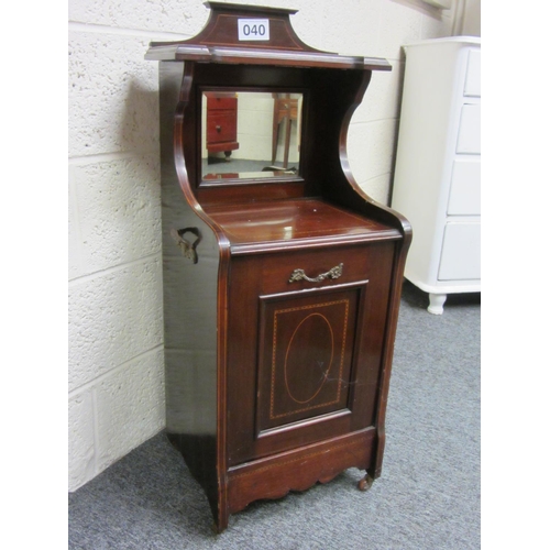 40 - Victorian mahogany inlaid fall front coal cabinet.  H:96cm, W:57cm, D:32cm.
