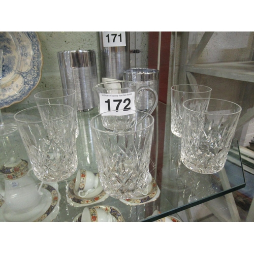 172 - Set of 5 Waterford crystal whiskey glasses plus Waterford crystal jug.